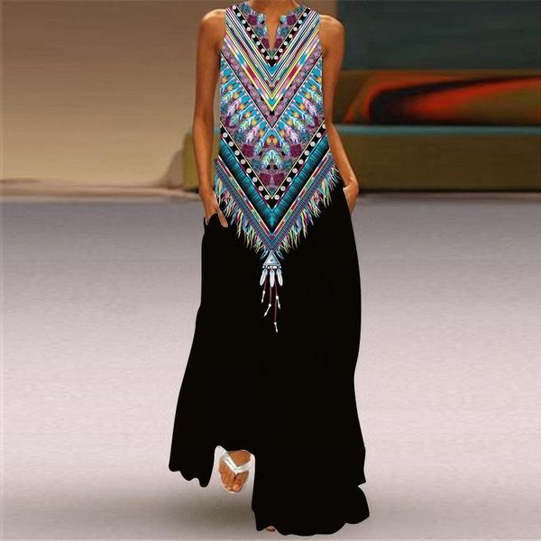 

casual dresses plus size women boho dress summer 2021 robe indie folk printed long sleeveless chic maxi beach black, Black;gray