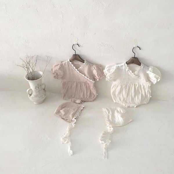 

clothing sets baby girl rompers korean style infant solid color one-pieces summer toddler puff sleeve 0-24m, White