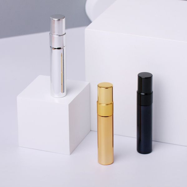 

5ml mini glass perfume bottle aluminium spray atomizer bottles sample empty gold silver black glasses vials 100 pcs/lot when larger quantity