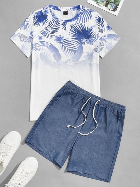 

men tropical print tee & drawstring waist shorts set f7he#, Gray