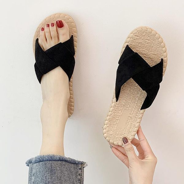 

slippers women summer shoes luxury slides pantofle rubber flip flops low platform designer 2021 hawaiian cotton fabric fashion p, Black