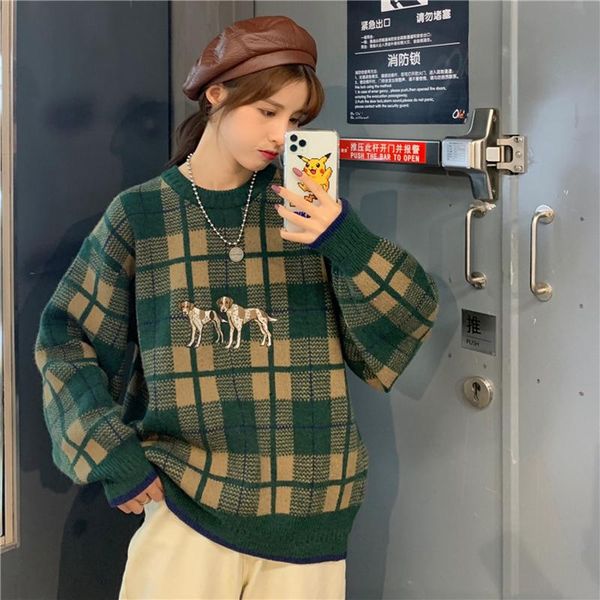 

women's sweaters cute dog embroidered sweater female 2021 autumn college contrast cotton harajuku checked, White;black