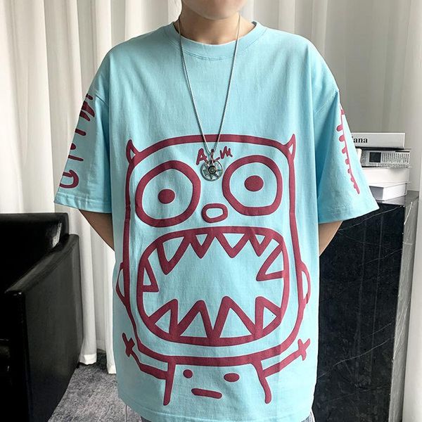 

summer loose men's t-shirts casual printed sports cartoon monster round neck bottoming short-sleeved tees shirt clothes, White;black