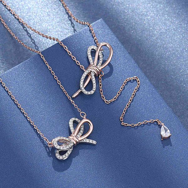

swarovski element tassel bow necklace female shi family smart crystal pendant clavicle chain, Silver