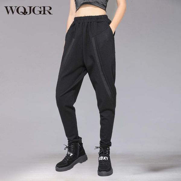 

women's pants & capris wqjgr spring autumn women elastic waist full length black harem spliced trousers, Black;white