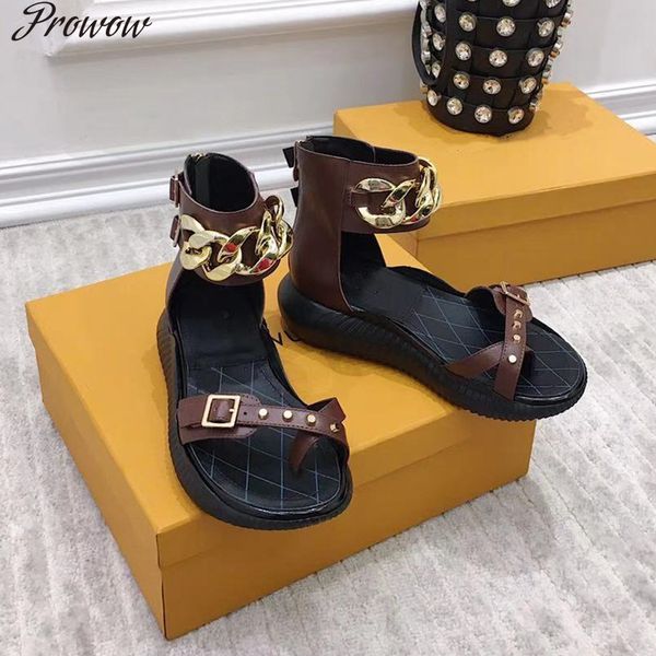 

prowow new khaki black metal chain luxury brand sandals summer flats shoes women zapatos mujer 60% off store online