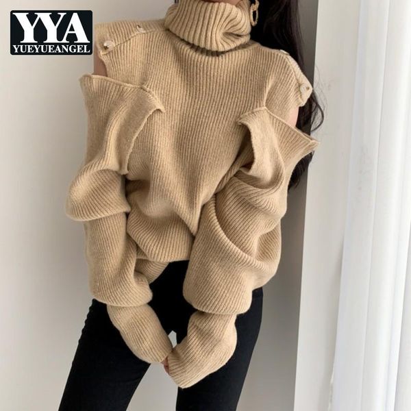 

korean women autumn winter loose knitting button spliced off shoulder turtleneck sweater solid elegant pullover female women's swea, White;black