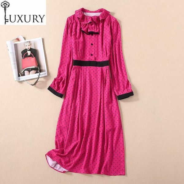 

casual dresses women 2021 princess spring summer style ladies ruffled collar polka dot print long sleeve mid-calf length rose red dress, Black;gray