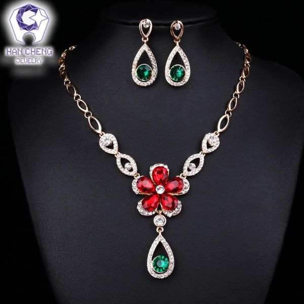 

earrings & necklace hancheng fashion luxury rhinestone flower created crystal water drop statement gold necklace/earrings for women jewelry, Silver