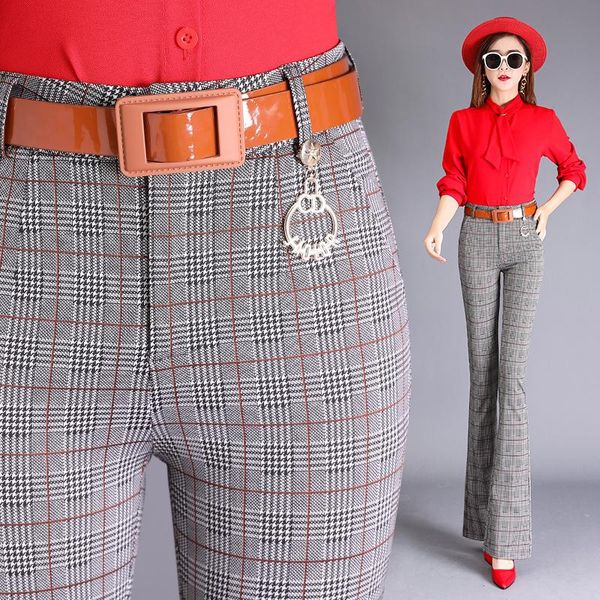 

women's pants & capris #1950 spring autumn plaid office women with belt casual formal bell bottom long elegant regular fit, Black;white