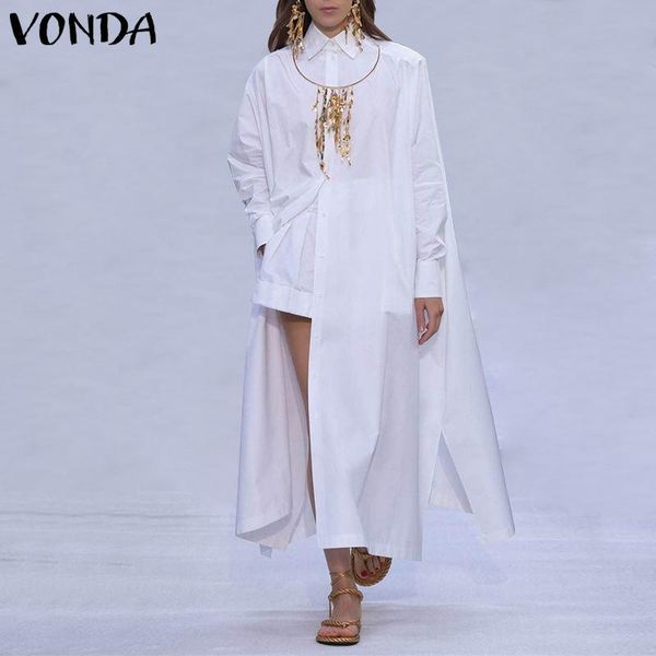 

casual dresses vintage lapel long sleeve loose party 2021 vonda fashion sundress autumn women solid shirt dress plus size, Black;gray