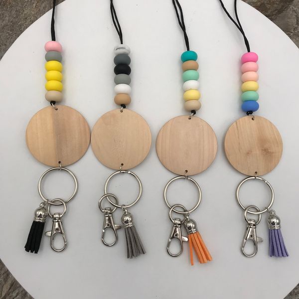 Großhandel Neues Design Handgefertigte Silikonperlen Bleistiftseil Quaste Anhänger Personalisierte Gravur Holzscheibe Lanyard Halskette