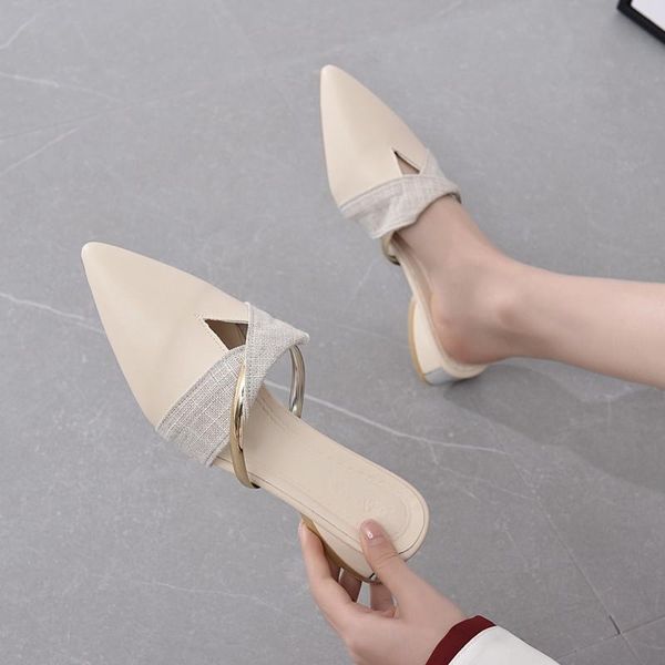 

slippers low heels women mules summer pointed-toe ladies slip on leisure office shoes beige pumps female, Black