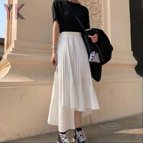 

long harajuku korean style womens skirt white black midi irregular high waist pleated clothes