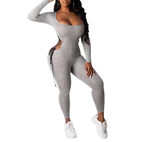 

women's jumpsuits & rompers women bodycon solid romper casual jumpsuit elastic waist hollow side bandage gym running long sleeve outfit, Black;white