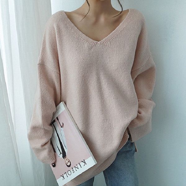 

autumn winter women's sweaters v-neck long sleeve minimalist korean style female knitting casual pink long sweater 210521, White;black