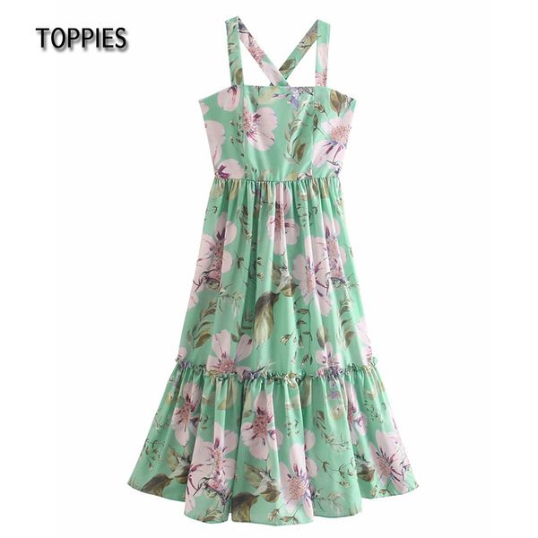 

ies vacation beach sundress woman camis dress cascading ruffles long dress flowers printing 210412, Black;gray