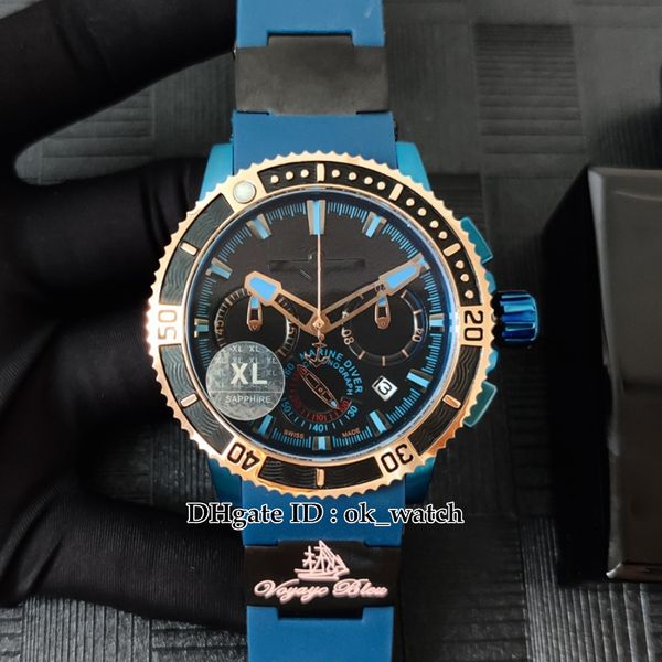 

new diver 353-92-3c mens quartz chronograph watch black dial 45mm 353-90-3 gents sport watches blue rubber strap, Slivery;brown