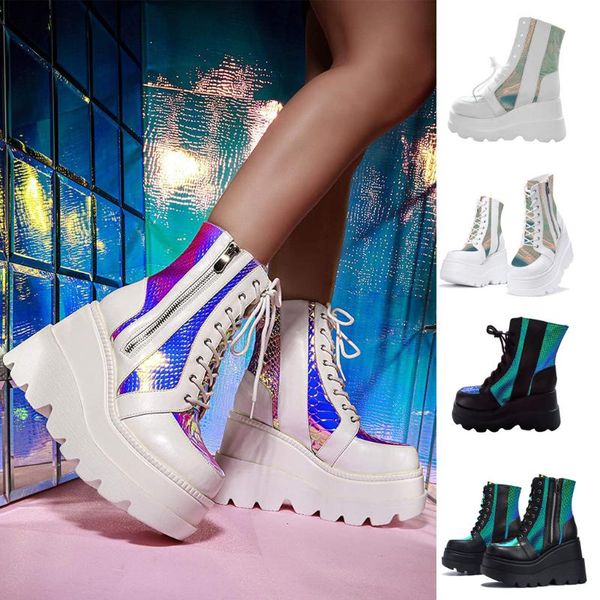 

boots women's fashion multicolor wedge ladies zip up platform shoes high heel street zipper cool female autumn, Black