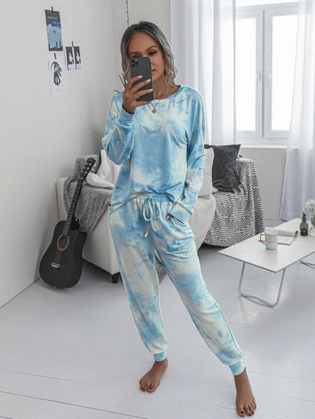 

drop shoulder tie dye pullover & sweatpants set e3it#, White
