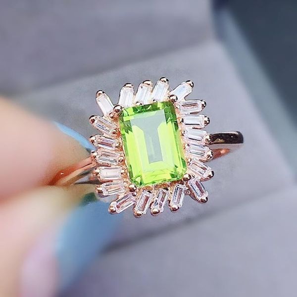 

cluster rings natural real green peridot rectangle ring per jewelry 925 sterling silver 6*8mm 1.7ct gemstone fine j210404, Golden;silver