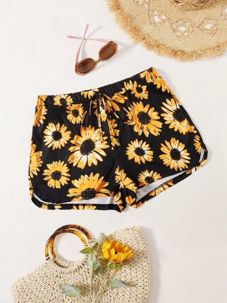 

plus tie waist sunflower track shorts r3ic#, Black