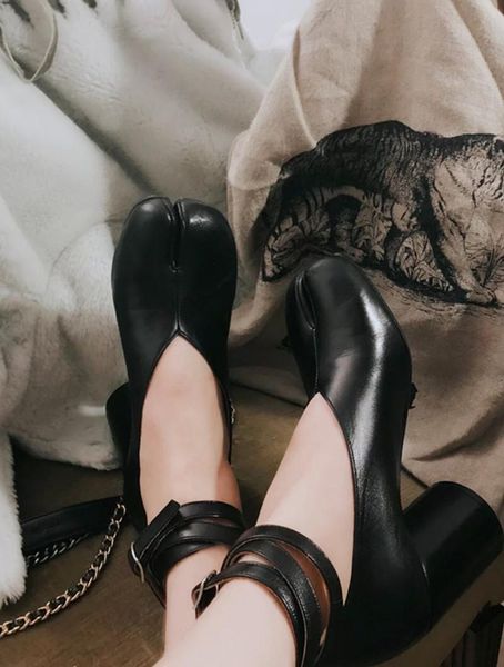 

dress shoes zapatos mujer tabi split pig toe loafers ankle wrap chunky heels vintage party ladies, Black