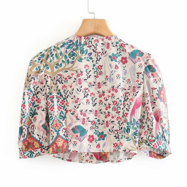 

blouses slim puff sleeve v-neck chic female shirt summer wild french five-point sleeves elegant print knotted navel women's, White