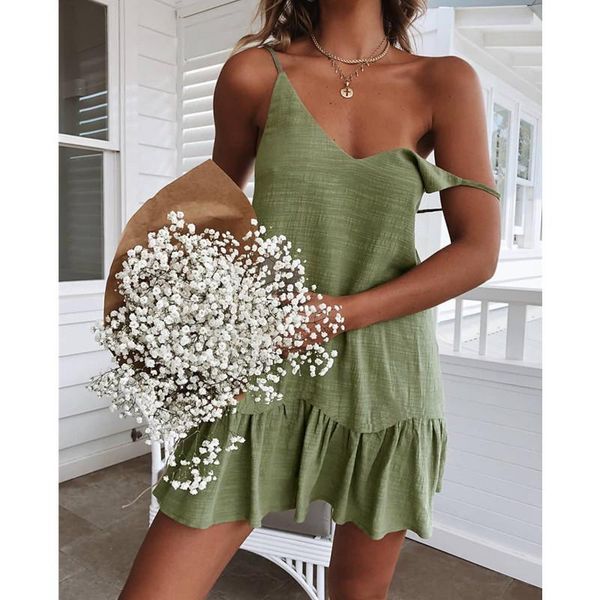 

casual dresses summer dress cotton white halter v-neck ruffled women spaghetti strap mini slip 2021 vestido verano, Black;gray