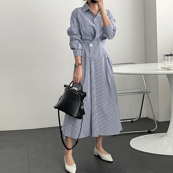 

casual dresses autumn 2021 stripes korean fashion women high waist lapel temperament elegant long sleeve solid color simplicity, Black;gray