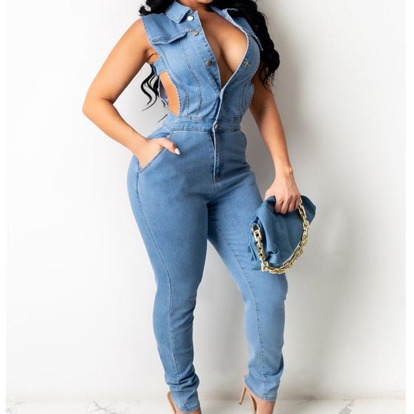 Плюс размер брюки элегантность хлопчатобумажные джинсы женщины женские комбинезоны 2021 поступление сексуальный тонкий без рукавов съемки джинсовые Playsuits женщины
