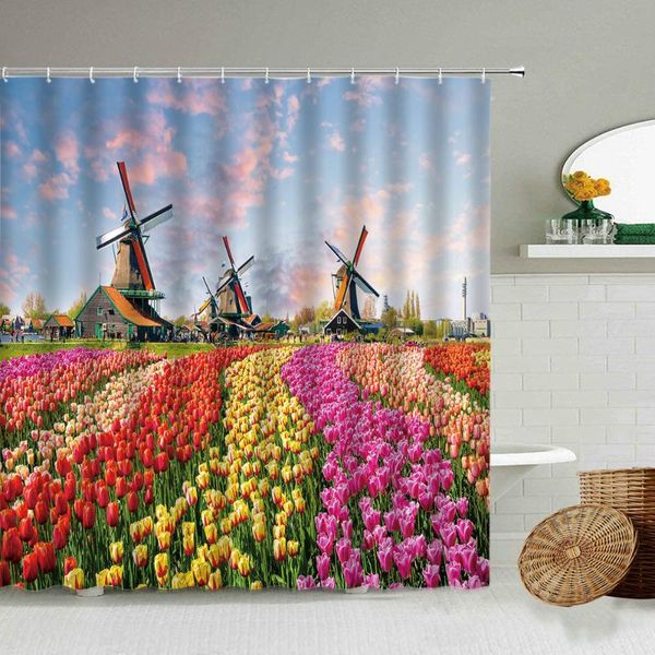 Tulpen-Sonnenblumen-Blumen-Garten-Duschvorhang, Sommer-Reise, Landhaus, Windmühle, Badezimmer-Dekoration, wasserdichte Stoff-Vorhänge