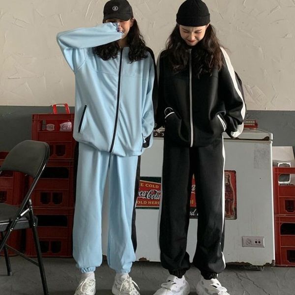 

fashion 2021 women sets clothes loose casual korean pocket vintage striped o-neck wide leg pants two piece set plus size women's, White