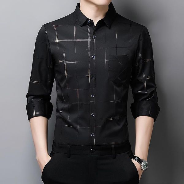 

spring long sleeve shirts men slim fit luxury silk shirt casual plaid camisa masculina clothes c731 men's, White;black