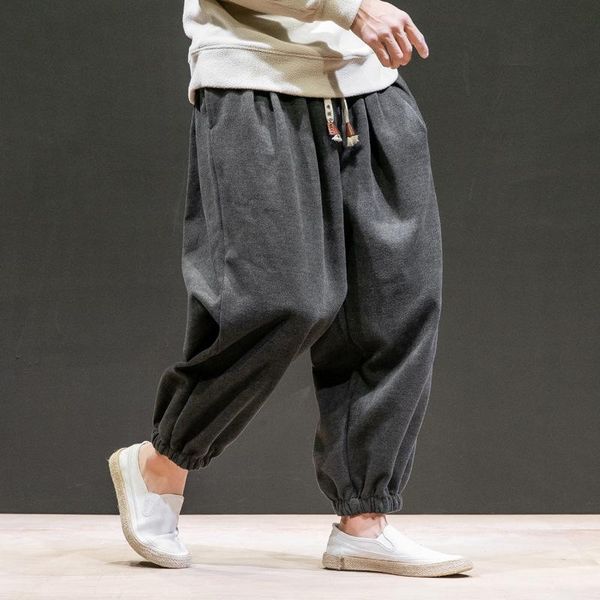 

men's pants 2021 autumn winter keep warm sweat loose wide leg sweatpants oversize 5xl cotton linen men harem trousers drawstring, Black