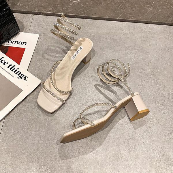 

women's shoes sandals 2021 summer style snake-shaped winding pearl rhinestone thick-heeled roman, Black