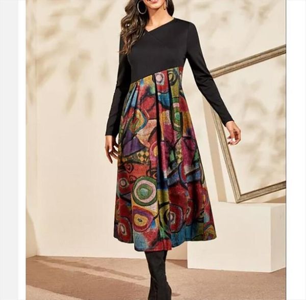 

Winter Long Sleeve Fashion Casual Women Dress Chic Printing Work Midi Autumn, Black;gray