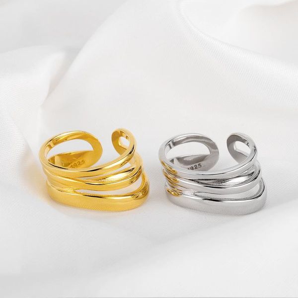 

cluster rings mlkenly korean style women s925 sterling silver finger multi layers irregular line for wide open cuff ring, Golden;silver