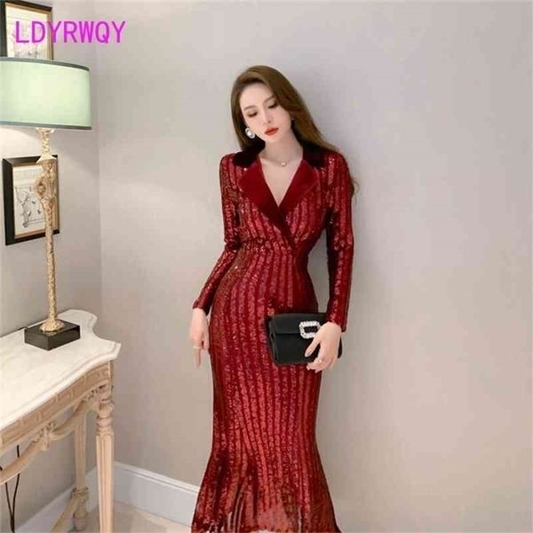 

spring female fashion temperament suit lapel commuter long slim sequined fishtail dress 210416, Black;gray