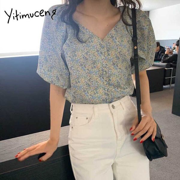 

yitimuceng floral print shirt women oversize button up korean fashion blouse short puff sleeve office lady summer 210601, White