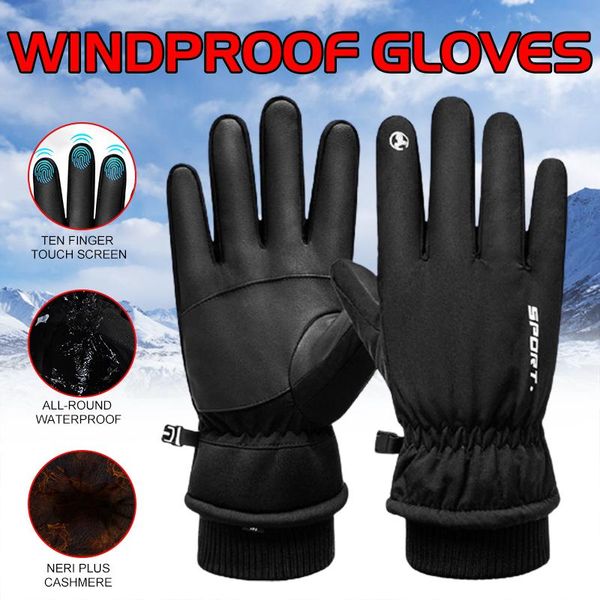 

cycling gloves outdoor sport riding climbing skiing windproof waterproof warm fleece touch screen full finger bike glove, Black
