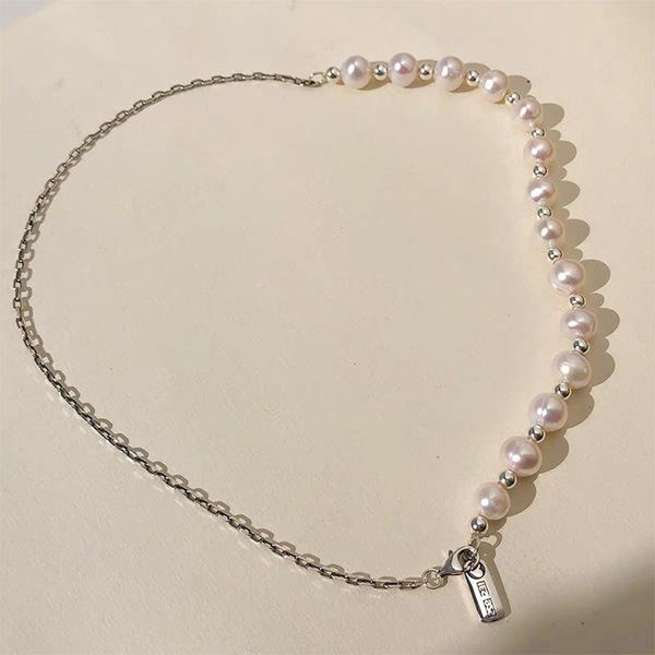 

chokers temperament asymmetric chain natural freshwater pearl necklace for women delicate circle beaded wedding jewelry, Golden;silver