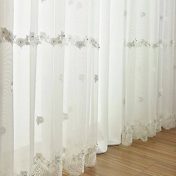 Vorhang-Vorhänge für Wohnzimmer, weiße Perlenstickerei, Blumenmuster, durchsichtig, zarte Wellenunterseite, Organza, Erkerfenster-Behandlungen