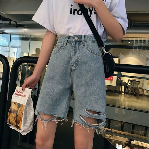 

women shorts korean summer five points denim blue washed high waist jeans holes pockets wide legs, White;black