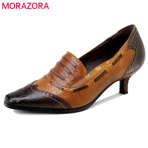 

morazora genuine leather shoes women pumps vintage single shoes mixed colors classic thin heel dress shoes lady 210506, Black