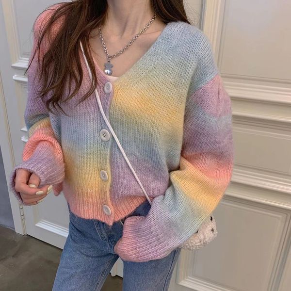 

women's sweaters 2021 spring all-match v-neck breasted rainbow color short knitted cardigan jacket women 2l2y, White;black