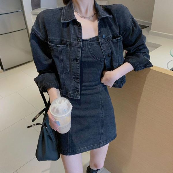

women's jackets vintage chic women two piece set long sleeve denim slim fit spaghetti strap dress arrival korean outfits, Black;brown