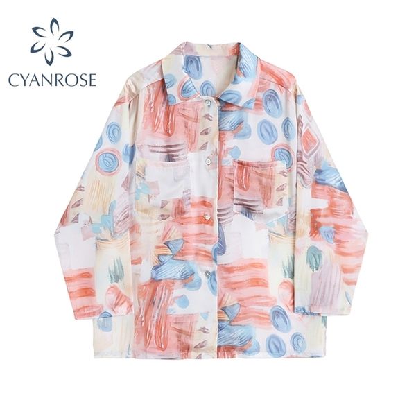 

summer women blouse fashion printing long sleeve turn-down collar shirt harajuku oversize vintage casual female 210515, White