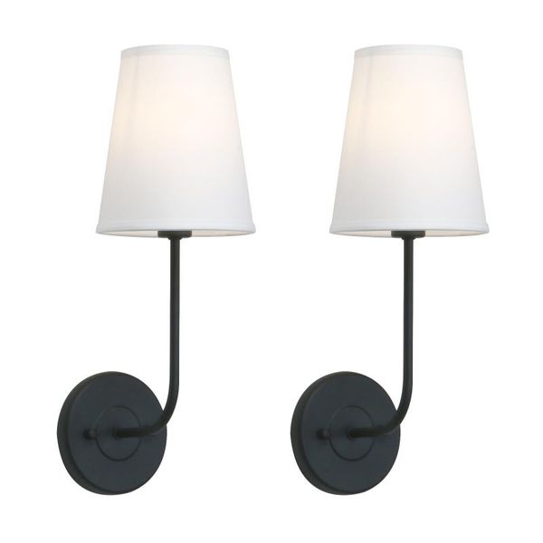 

permo set of 2 classic country industrial wall light with flared funnel white fabric shade bedroom bedside reading lamp