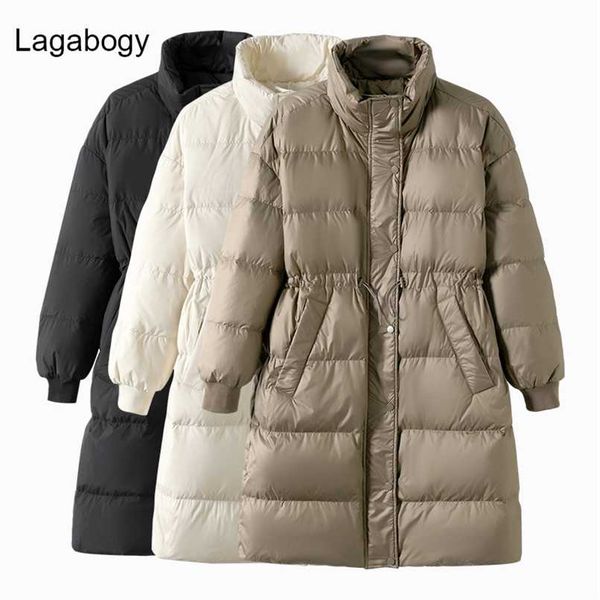 Lagaboji Kış Standı Yaka Uzun Kadınlar Beyaz Ördek Aşağı Ceket Kadın Gevşek Rüzgar Geçirmez Haki Parka Kalın Sıcak Kar Coat 211108